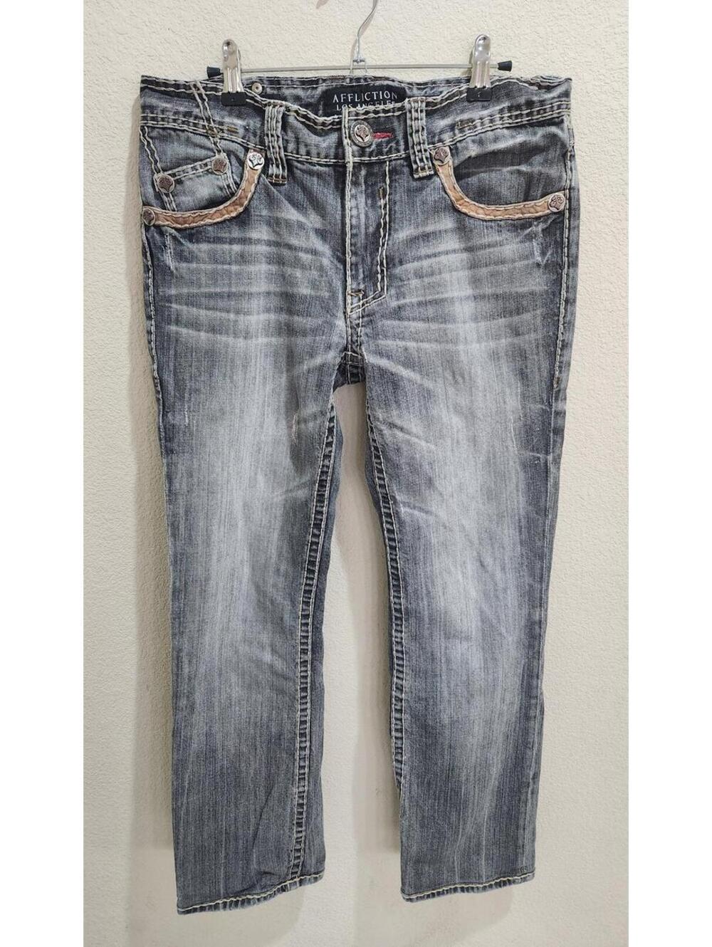 Vintage Y2K Affliction Jeans Men Sz 32 Cooper Relaxed Boot Cut Flap Fleur De Lis